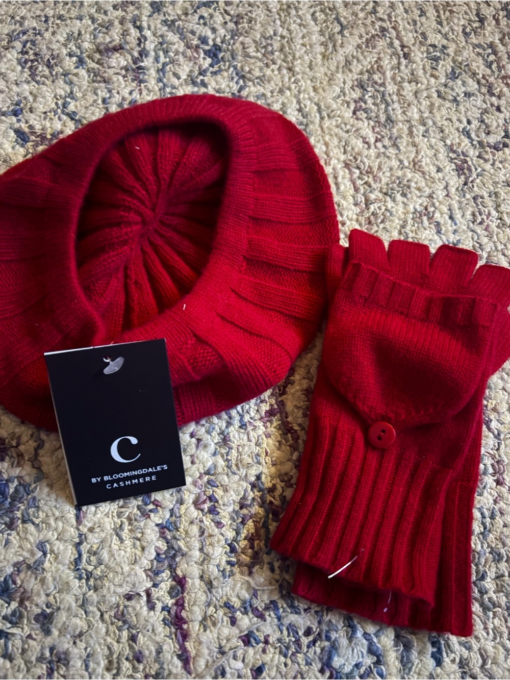 Bloomingdale's Red Cashmere Knit Beret and Fingerless Glove Set
